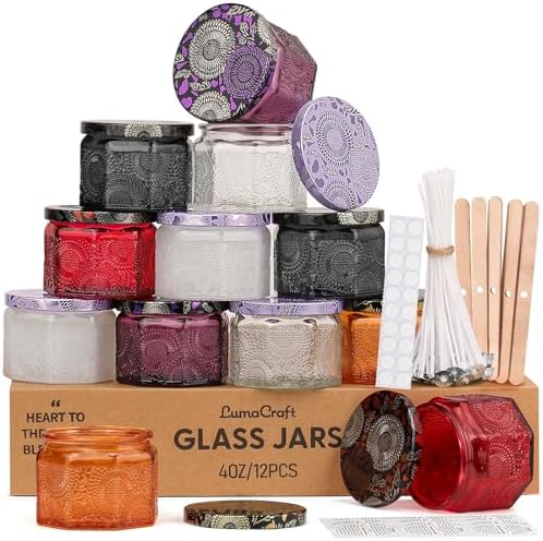 LumaCraft 12 Pack 4oz Glass Candle Jars with Lids, Hexagon Embossed Candle Making Containers, Empty Candle Jars with 20 Wicks & Labels for DIY Candle Making, Party Favors, Home Decor