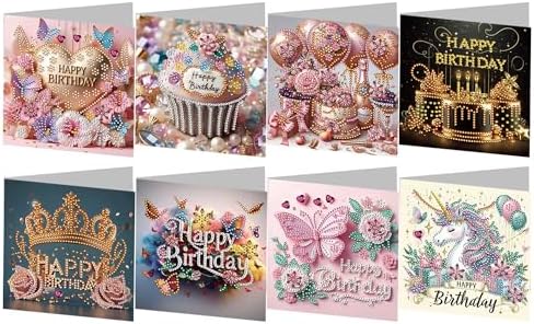 8 Pack 5D DIY Diamond Painting Cards Kit, Diamond Art Birthday Holiday Greeting Card, Art Crafts Kit Creative Gift with Envelope, Card Making Kits for Adults, Birthday