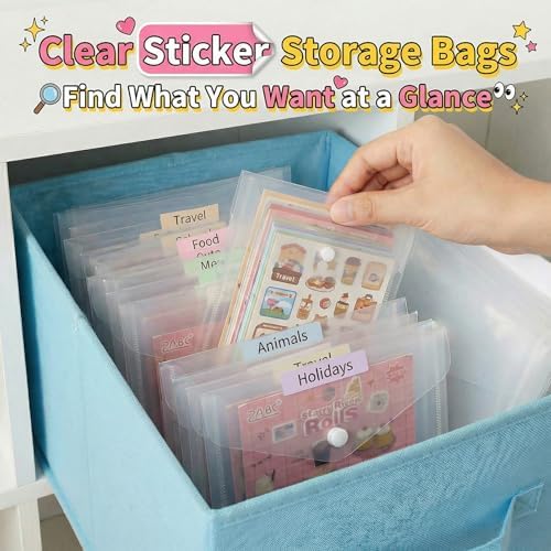 Sticker Organizer, Clear Plastic Envelopes with Snap, 12 Pack Waterproof and Durable for Sticker Storage, Scrapbook Storage, Washi Tape, Scrapbooking & Stamping Supplies (5 x 7 Inches)