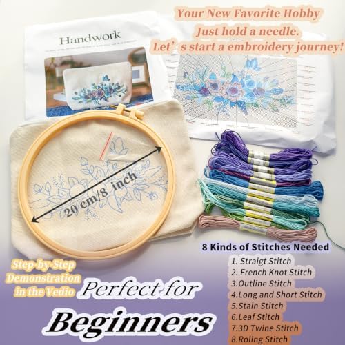 FONNUY Embroidery Kit Makeup Bag for Beginners, Flowers Pre-Stamped Pattern Handbag Coin Purses Making Kits for Adults with Hoop, Easy to Follow Color Thread Needlework (Blue)