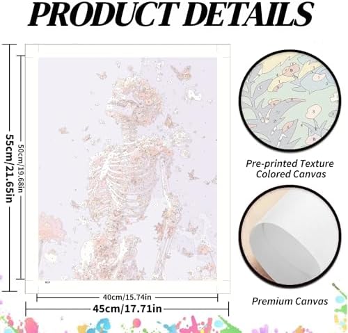 koemhxb Skeleton Paint by Numbers for Adult, Floral Skeleton Art Paint by Numbers Kit for Adults Beginners, DIY Acrylic Painting on Canvas for Home Wall Art Decor 16x20 Inch