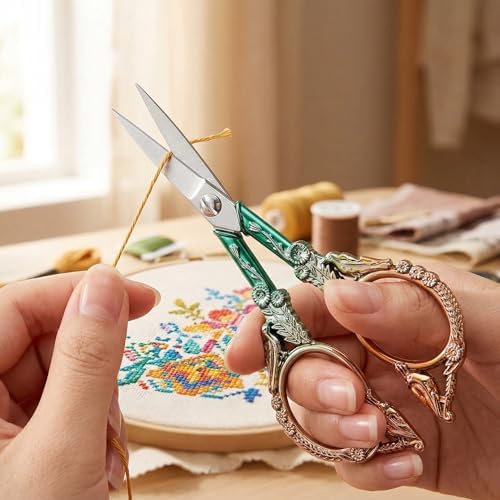 Small Embroidery Scissors with Cover -Cute and Comfortable handles Sturdy Sharp Tips for Precise Cutting, Perfect Size Keeping in Your Sewing Craft Supplies Kit (green gold)
