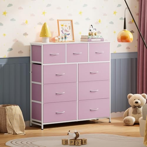 WLIVE 9 Drawer Dresser for Bedroom, Tall Chest of Drawers, A-Pink | 9 roomy fabric drawers, Tall storage design, Bedroom or closet use, Sturdy steel frame, Smooth wood tabletop
