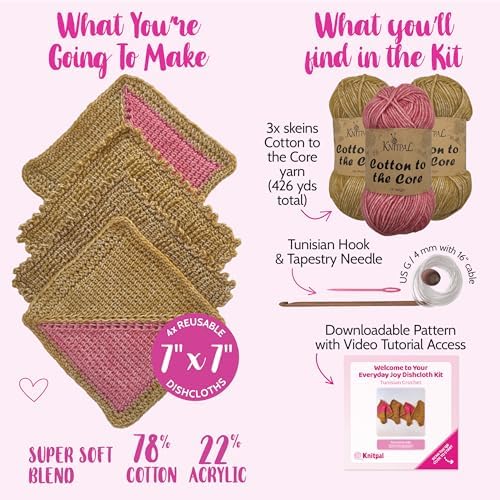Tunisian Crochet Dishcloth Kit for Beginners - Camel Brown + Flamingo Pink