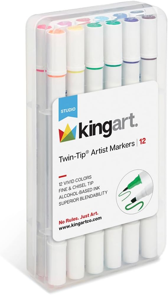 KINGART Studio Twin-Tip™ Permanent Alcohol-Based Sketch Markers, Storage/Travel Case, Set of 12 Unique Colors