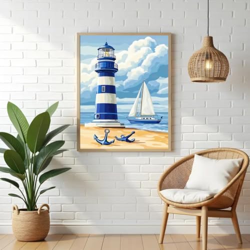 VeGuude Diamond Art Kits for Adults, Beach and Lighthouse 5D Diamond Art Kits for Beginner DIY Full Drill Diamond Dots Crystal Craft Kits for Home Wall Decor Gifts, (12x16 inch)
