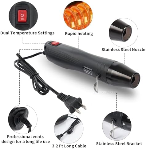 Heat Gun for Crafting, 110V 350W Handed Hot Air Gun (Black) | 3.28FT Ultra-Long Cable Portable Heat Gun with Stand for Shrinking Wrapping PVC, DIY Embossing and Drying Paint