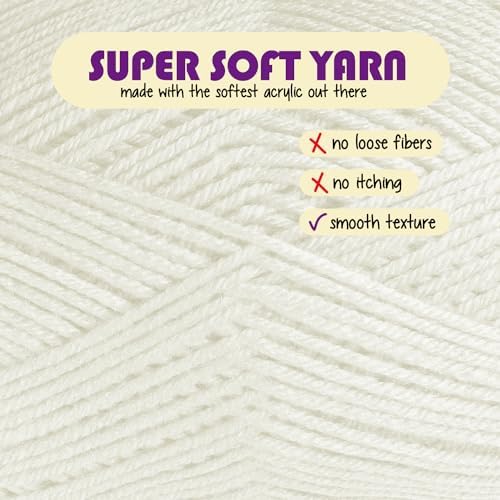Acrylic Yarn for Crocheting & Knitting – Soft Crochet Yarn for Crocheting, 3 Pack of 370 Yards, Perfect for Crafts & Amigurumi, Medium Worsted Weight 4, Winter White