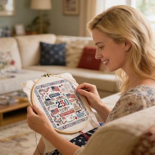 USA 250th Anniversary Cross Stitch Kit 9.8 x 9.8 Inch, 1776-2026 Patriotic Embroidery Kit for Beginners Adults, DIY 4th of July Patriotic Needlepoint Set with Threads Needle Wall Decor Craft Gift