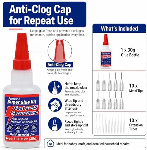 Super Glue Kit, 1.06 fl oz Liquid CA Glue with Anti-Clog Cap and Tips