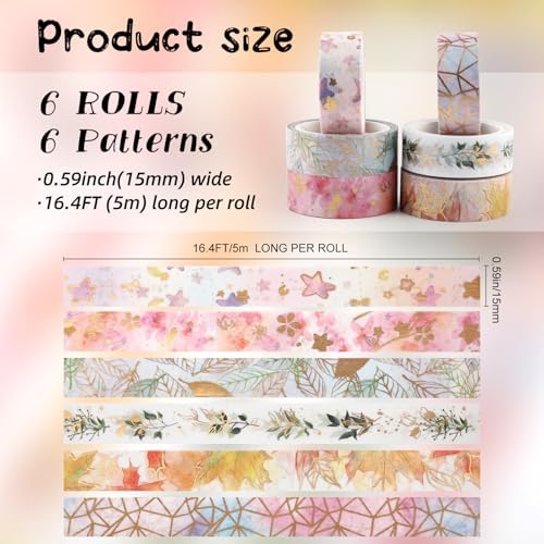 6 Rolls Gold Floral Washi Tape Set,15mm Gold Foil Colored Floral Pattern Decorative Tape,Decorative Masking Tapes for DIY Scrapbook Design Journaling Handbook Making Card Wrap Craft Gift(16.4ft)