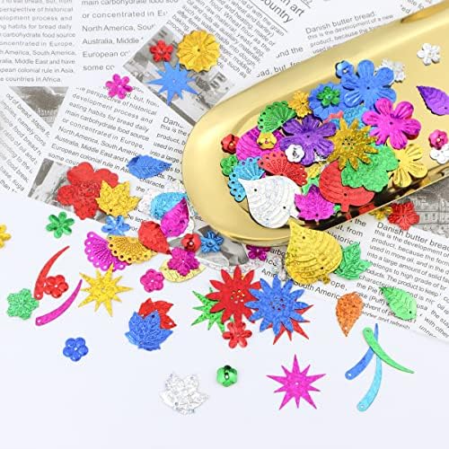 Mixed Sequins and Spangles Craft Supplies, Creative Color Beads Sequins Greeting Card Decoration Gold Foil Iron Slices for Wedding Christmas Clothes Jewelry (Flowers and Leaves)