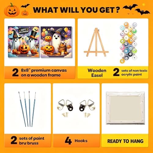 2 Pack Halloween Ghost Paint by Numbers Kit for Kids with Frame 8x8 inch