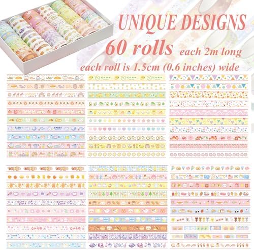 60 Rolls Washi Tape Set, 15mm Wide Cute Sytle Washi Stickers, for Junk Journal Scrapbook Tape, Bullet Journaling Scrapbooking Supplies, Planner Sticker DIY Craft DéCor