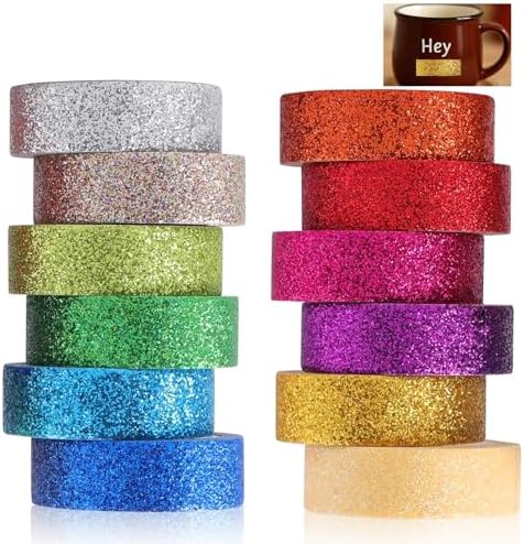 12 Rolls Glitter Washi Tape Set Christmas Washi Masking Tape Decorative Adhesive Tape for Scrapbooking DIY Crafts Crafters Embellished Journals Planners Cards Gift Wrapping Ribbons Wedding (A)
