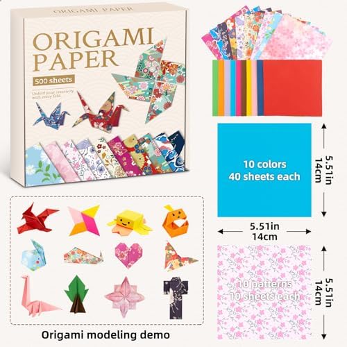 Origami Paper Kit, 500 Sheets Japanese Style Double Sided Color Origami Set