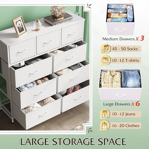 WLIVE Tall Dresser for Bedroom, 9 Drawer Chest of Drawers, White | 9 roomy fabric drawers, Tall storage design, Bedroom or closet use, Sturdy steel frame, Smooth wood tabletop