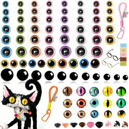 CSCHENGO 453 Pcs 10-30mm Glass Craft Safety Eyes 10-35mm Glitter 3D Eyes/Black Eyes with Noses/Glasses/Tags,for Adult DIY Crochet Handmade Craft Figurines Plush Crafts