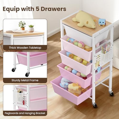 Rolling Cart with 5 Drawers, Plastic Drawer Storage Carts with Wheels & Wooden Tabletop, Metal Utility Cart with Pegboards, Office Living Room Classroom Craft Organization and Storage, Bright Pink