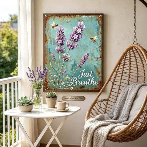 Lavender 5D Diamond Art Kits for Adults, Just Breathe Round Full Drill Flower Diamond Painting for Beginners, DIY Gem Art for Home Wall Decor, Stress Relief Crafts, Include Tools, 12x16 Inch
