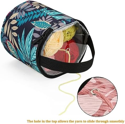 mini yarn storage small size yarn bag for crocheting with holes,empty round knitting tote bags protable yarn holder,perfect for travel,beginner & crocheter(Blue Leaves)