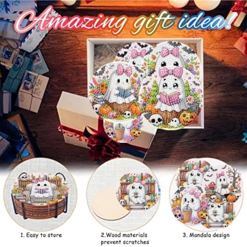 8 Pack Diamond Art Coasters,Halloween Ghost Diamond Painting Coasters Kits