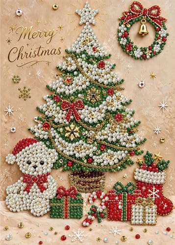 Merry Christmas Diamond Art Pearl Painting Kits for Adults, 3D Special Shape Pearl Diamond Art Kits for Adults Beginners, DIY Plastic Pearl Painting Gem Crafts for Home Wall Decor 11.8x15.7 Inch