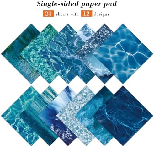 Blue Scrapbooking Paper Pad - 24 Sheets 6"x 6" Sea Patterned Decorative Decoupage for Wrapping Folded Cardmaking Supplies Gift Cardstock DIY Crafts Scrapbook Photo Album