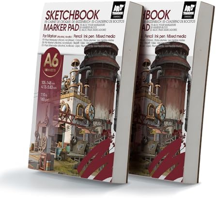 TRANSON 2 Pack A6 Mini Sketchbook Marker Pad, 110lb/160gsm Heavyweight Art Paper, No Bleed Through, 100 Sheets/200 Pages 4.13"x5.83" for Drawing & Sketching