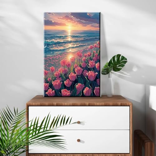 ATDMS Paint by Numbers Kit for Adults with Easel DIY Tulips Adult Paint by Number Kits on Canvas Framed Oil Painting Kits for Wall Hanging Home Room Decor 7.87x11.81 Inch