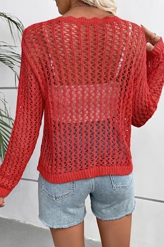 EVALESS Crochet Tops for Women Long Sleeve Hollow Out Knit Sweaters