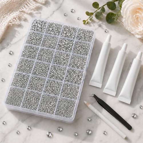 32000Pcs Clear Silver Rhinestones for Bedazzling Kit,Mix Sizes Silver Clear Flatback Gems,2,3,4,5,6MM Bedazzled Stones Crystal with Nail Glue for Crafting, Nail Art.
