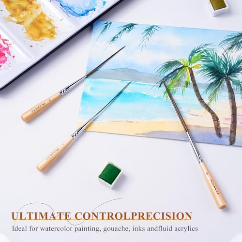 Fuumuui Long Liner Brushes - Artist Grade 3pcs Ox Ear Hair Detail Paint Brushes for Filling Corners, Marking, Outlining, Creating Edge Borders - Watercolor Acrylic Oil