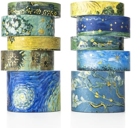 Gold Vintage Washi Tape, 10 Rolls Aesthetic Decorative Foil Masking Tape Set with Gift Box, Decorative Tape for Bullet Journal, DIY Craft, Scrapbook Supplies