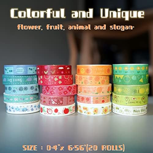 Vintage Washi Tape Set, 20 Rolls with 4 Color Holiday Washi Tape Kawaii for Bullet Journaling, Floral and Fruit 10mm Wide Art Tape for DIY Craft Scrapbooking Gift Wrapping