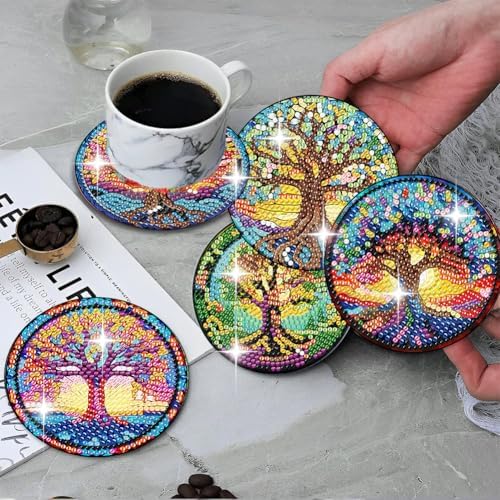 ijbnhd 8 PCS Tree of Life Diamond Art Coasters (Cork Wooden Pad)