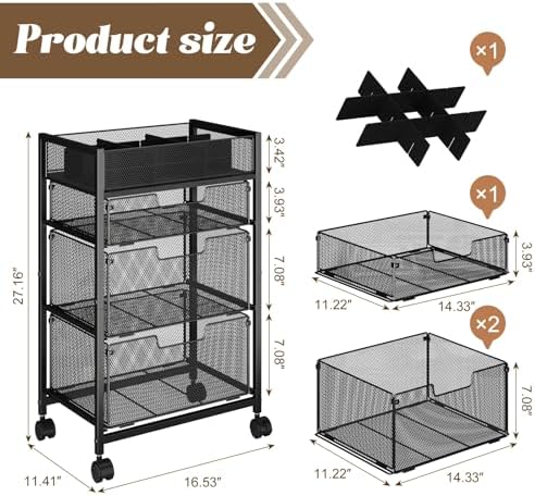 4-Tier Rolling Utility Cart with 3 Drawers, Craft Organizer and Storage with DIY Divider, Art-Craft Supplies with Caster Wheels, Multi-Functional Storage For Classroom, Office, Paints, Artifacts