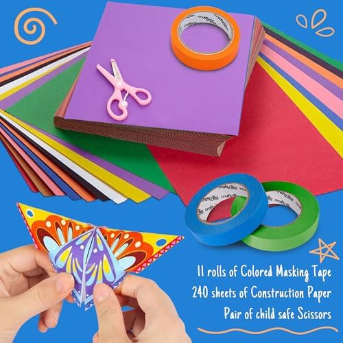 Craftzilla Arts and Crafts Kit for Kids – 11 Colored Masking Tape Rolls, 240 Sheets Construction Paper Assorterd Colors, Kid-Safe Scissors – All-in-One Kids Art Supplies Set - Arts and Craft Supplies