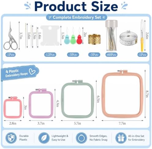 Rivvlive 85 Pcs Square Cross Stitch Supplies Embroidery Kit for Beginners with Square Cross Stitch Hoops Needles Scissors Floss Bobbins Seam Ripper for Adults, Embroidery Tools DIY Supplies
