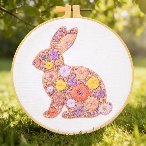 Easter Embroidery Kits for Beginners Adults, Flowers Bunny Embroidery Kits, Hand Stamped Cross Stitch Kits for Beginners Adults & Women Easter Gifts, Entire Set of Embroidery Supplies & Video Tutorial