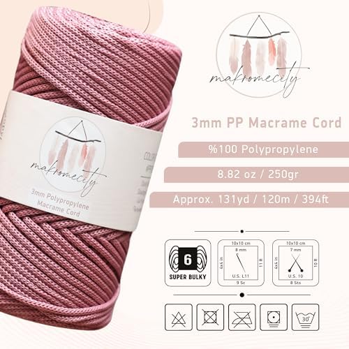 Makromecity, Premium Polyester Macrame Cord 3mm x 131 Yards (394 feet) 3mm Polypropylene Dusty Rose Macrame Cord Crochet Macrame Bag Cord Crafts for Wall Hangings, Bags, Underplate, Rug