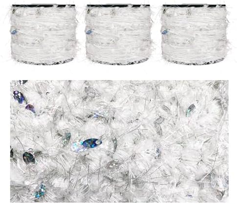 Artisanal Yarn Collection Multifiber Fancy Yarn with Iridescent Shimmering Threads & Laser Sequins for Knitting Crocheting Crafts DIY, Set of 3 Rolls (Iridescent White)