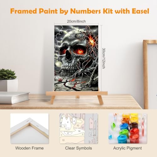 MOGTAA Halloween Paint by Numbers Kit for Adults Beginners with Frame, Skull Adult Paint by Number Kits on Canvas with Easel, Easy DIY Oil Painting Kits for Home Decor, 8x12in