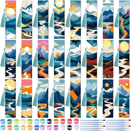 Kosiz 24 Pcs Mountain Paint by Number Kit for Adult Wood Bookmark | Mini Paint by Numbers Kit, Painting Decor, Tassels Blank Bookmarks, for Small DIY Craft Book Lovers Gift 7x2 ''