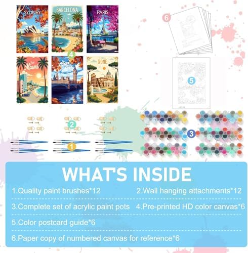 Pixendra 6 Pack Cityscape Paint by Numbers Kit for Adults Beginner,Travel City Easy Paint by Number on Canvas,Acrylic Oil Watercolor Painting kit Arts and Crafts for Room Wall Decor (8x12 inch)