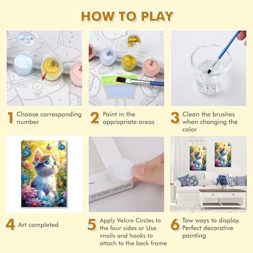 Bowetile Framed Paint by Numbers Cat for Adults Beginners, Adults' Paint-by-Number Cat Kits, Easy Adult Paint by Number Kits on Canvas, Acrylic Animals Number Painting for Home Decor, 8x12in