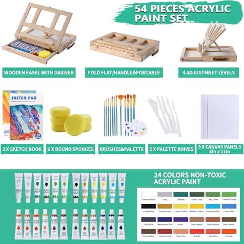 Portable Wooden Tabletop Art Easel Set with 24 Acrylic Paints for Painting | Art Paint Kit with Acrylic Tubes, Canvas Panels, Sketch Pads, Brushes, Knives, Palette for Beginners Young Artists and Adults
