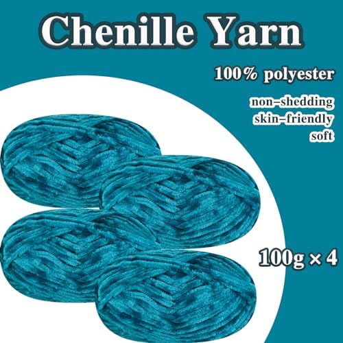 4 PCS 400g Soft Chenille Velvet Yarn for Crocheting,Fluffy Warm Yarn for Knitting and Crochet DIY Craft Blanket Bag Hat Scarve Clothe Gloves Slippers Doll（Dark Green）