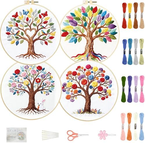 FREEBLOSS 4 Set Embroidery Kit Tree of Life Stamped Embroidery Starter Kit with Step by Step Instructions, Colored Threads, 2 Hoops, Needlepoint Kits for Hand Craft Lovers Gift, 30cm/11.8inch