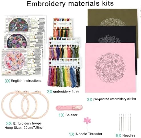 Harimau Beginner Adult Embroidery Kit, All-in-One Starter Pack with 3 Patterns, 3 Hoops, Scissors, Needles, Instruction Manual & Stitching Video Guides